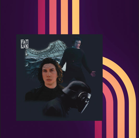 Art print of three different Kylo Ren's in front of the Death Star ruins on a solid bluebackground.