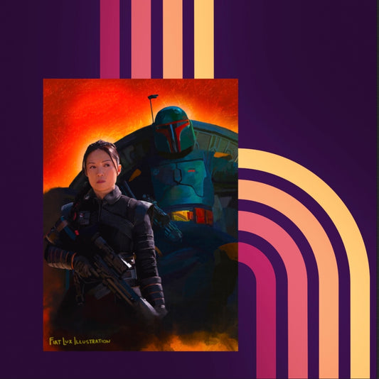 Art print of two portraits - Fennec Shand and Boba Fett on Jabba the Hutts throne Tatooine Daimyo