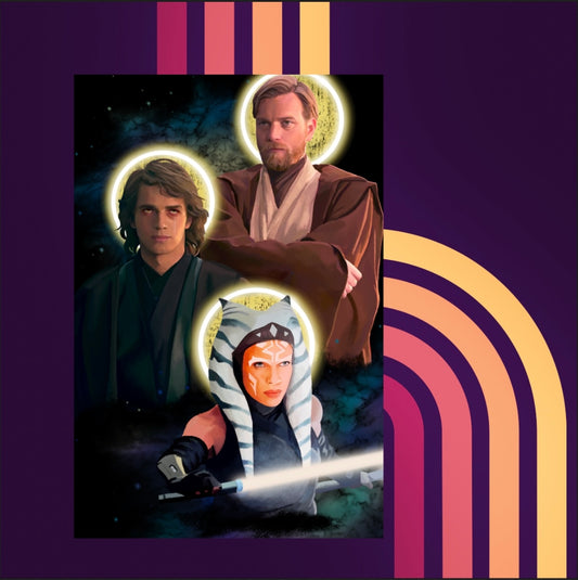 Art print of three portraits - Obi wan kenobi, Anakin Skywalker, and ahsoka Tano