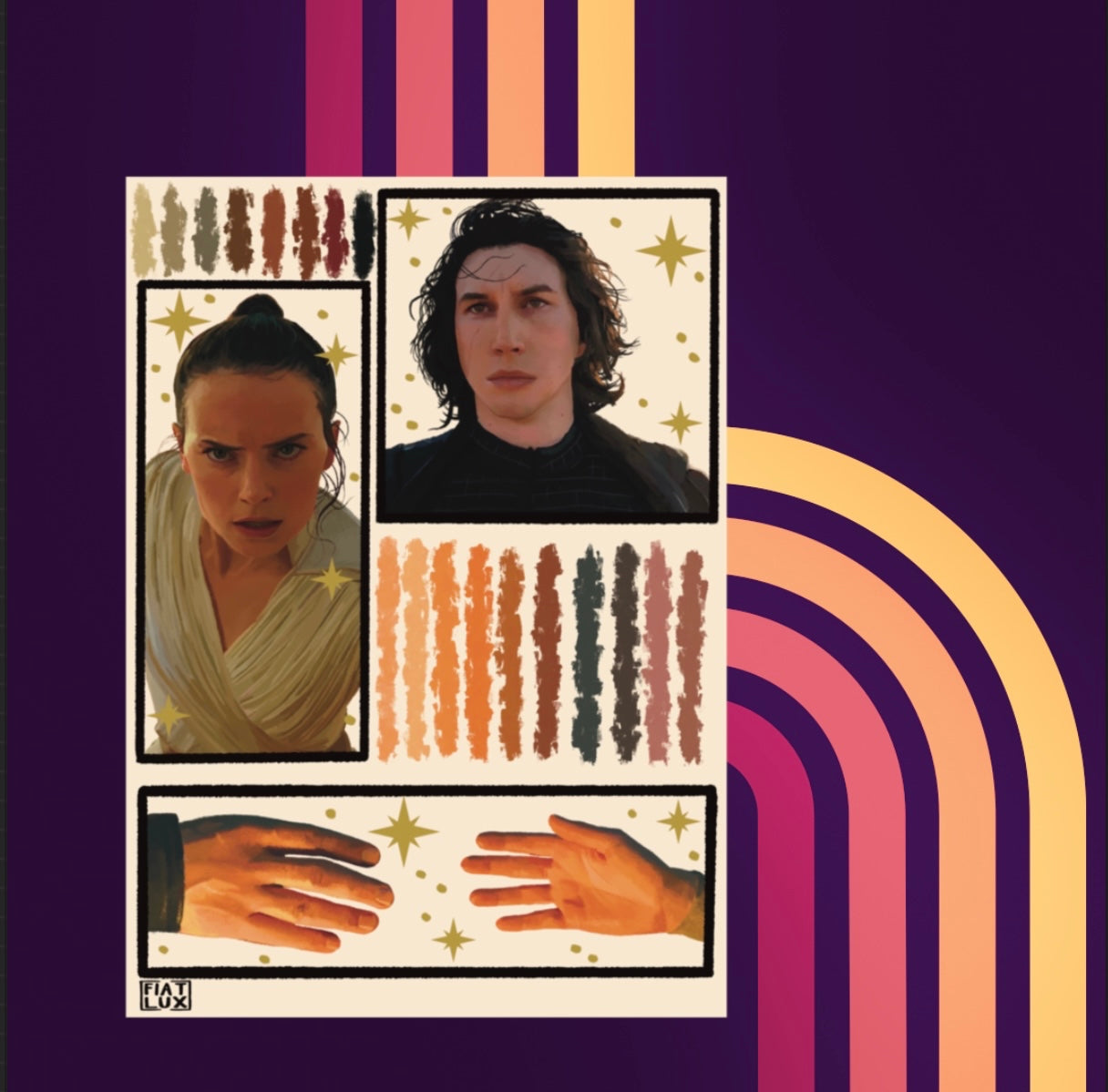 Art print of a Digital Sketchbook page with color palette swatches - Reylo hand touch and Rey and Kylo portraits