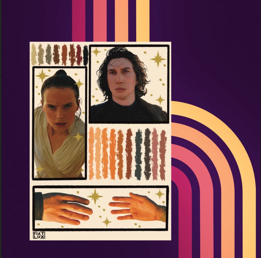 Art print of a Digital Sketchbook page with color palette swatches - Reylo hand touch and Rey and Kylo portraits