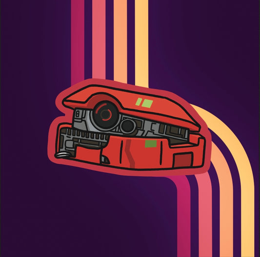 Vinyl sticker of star wars droid b2emo with red edges.