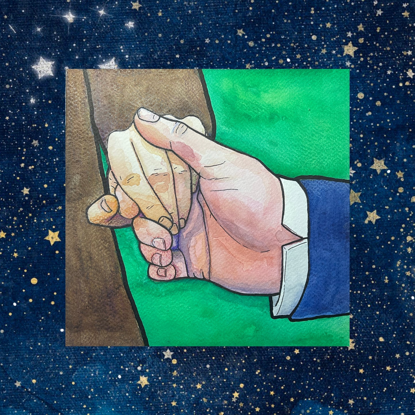 watercolor painting of 2005 pride and prejudice scene with the hands of elizabeth and mr darcy on a solid green background