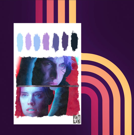 Art print of a Digital Sketchbook page with color palette swatches - Kylo Ren and Rey Illum Force Awakens portraits