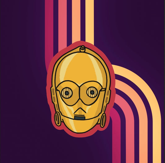 Vinyl sticker of star wars droid c3p0 with red edges.