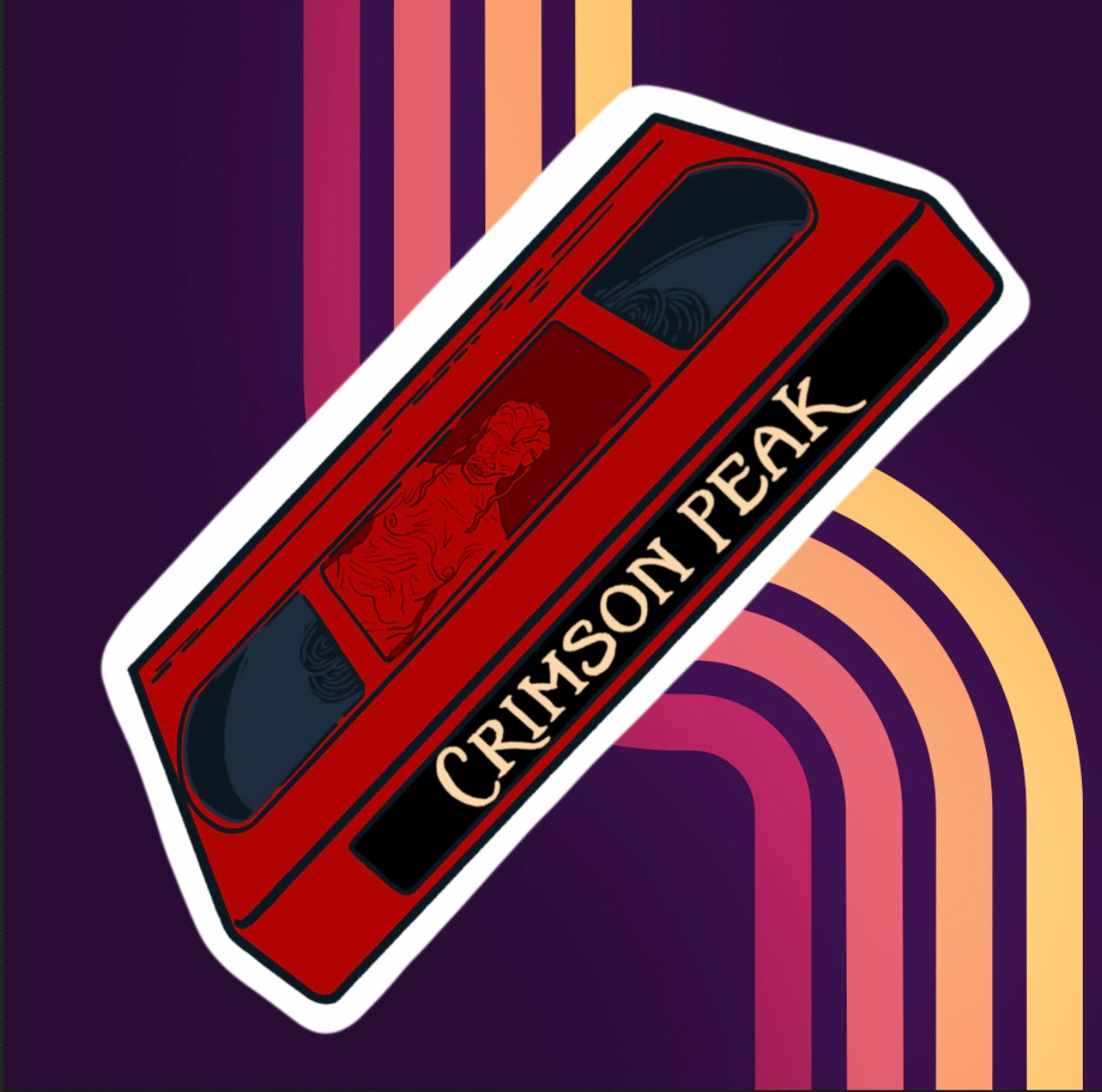 sticker of a red VHS tape of crimson peak in holographic vinyl