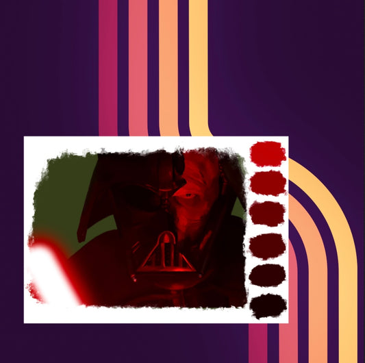 Art print of a Digital Sketchbook page with color palette swatches featuring darth vader in his cracked helmet showing anakin undernearth
