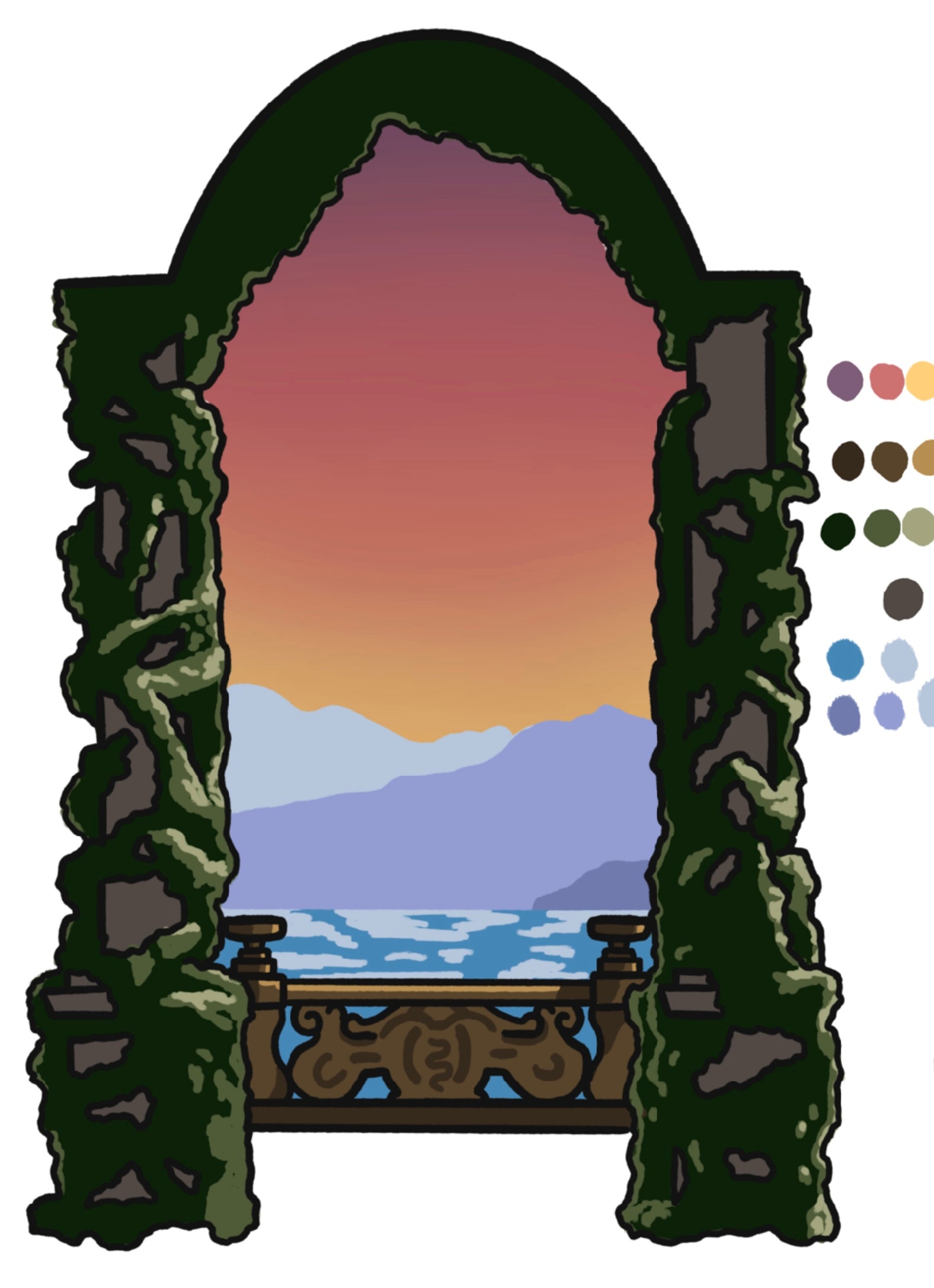 Large enamel pin design based on Lake Como Italy aka Varykino Naboo as seen in Attack of the Clones. Front part of pin is two columns with large greenery growing up. Middle of pin is brown stone railing, water with reflection, a three toned mountain, and a sunset going from red to orange to yellow.