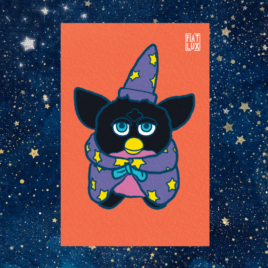 Art print of a furby in a purple wizard hat and cape with yellow stars on a solid orange background.