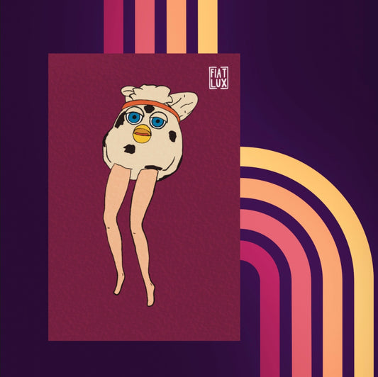Art print of a furby modified with long doll legs on a solid burgandy background.