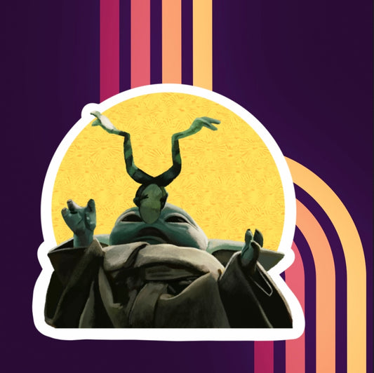 Vinyl sticker of grogu baby yoda The Child eating a frog Stained Glass Portrait yellow halo