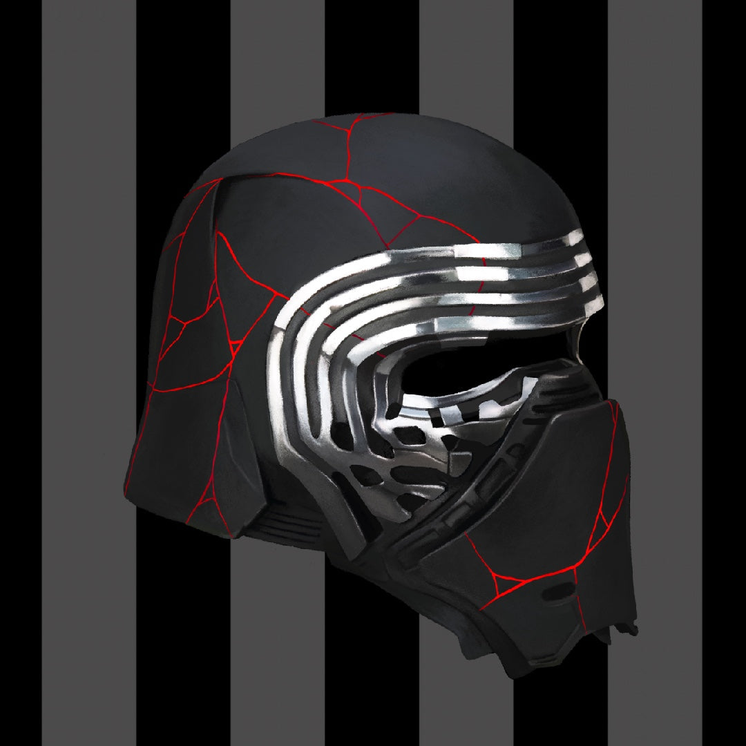 Item is an acrylic keychain of Kylo Ren's helmet after being reforged in with red soddering. Background is a pink toned sequin fabric.