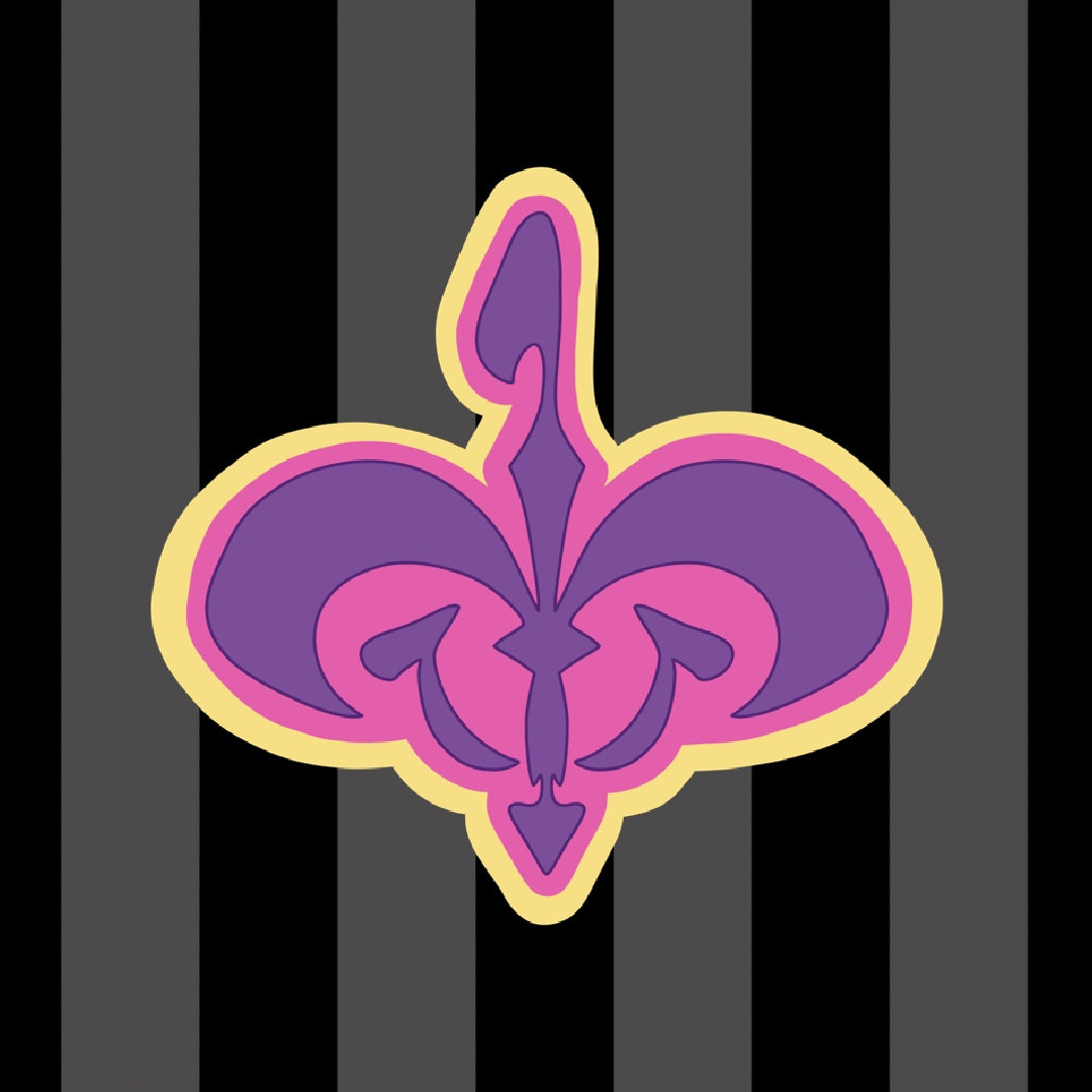 Item is an acrylic keychain of the Naboo royal crest in pink, purple, and yellow. Background is a pink toned sequin fabric.