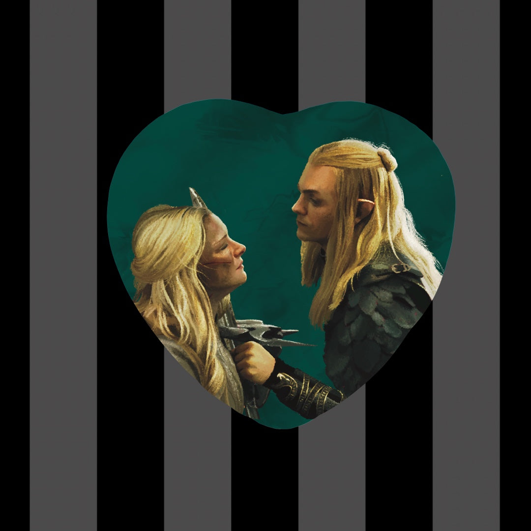 Items is a heart shaped button from The Rings of Power, characters are Sauron and Galadriel.