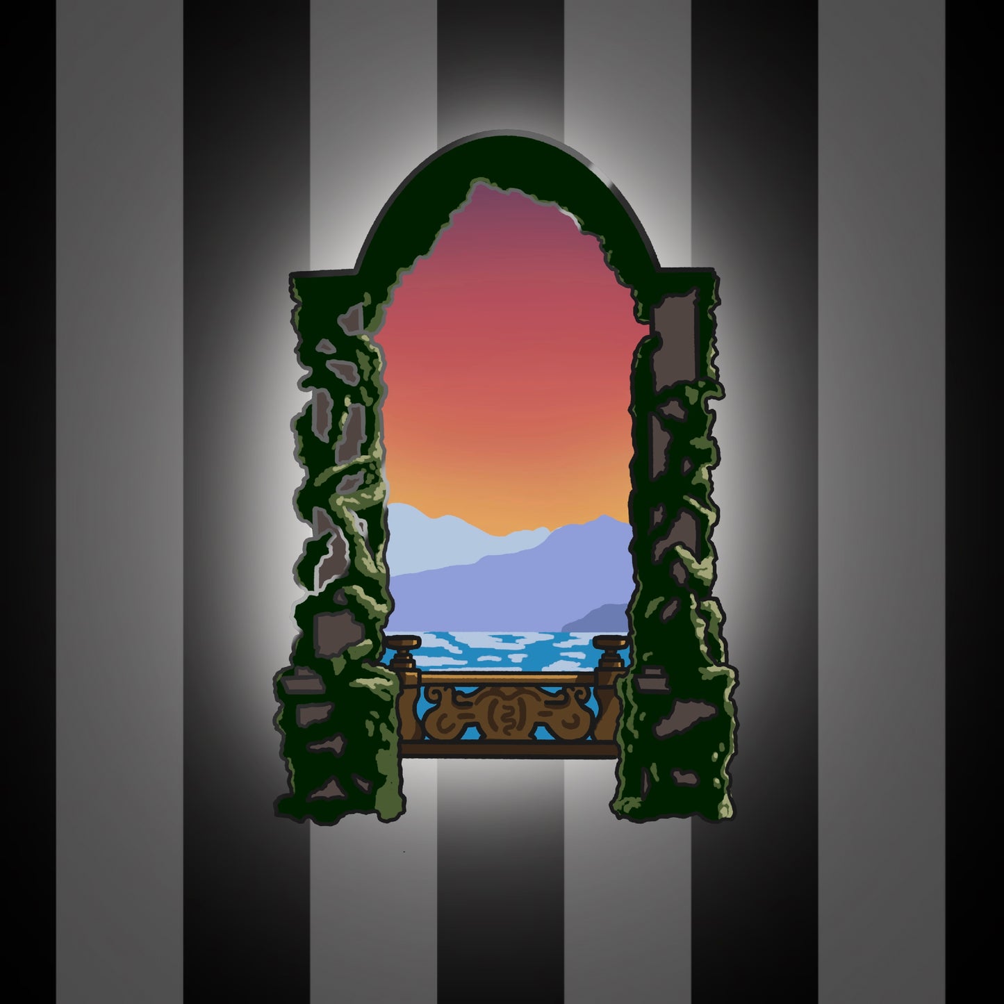 Large enamel pin design based on Lake Como Italy aka Varykino Naboo as seen in Attack of the Clones. Front part of pin is two columns with large greenery growing up. Middle of pin is brown stone railing, water with reflection, a three toned mountain, and a sunset going from red to orange to yellow.