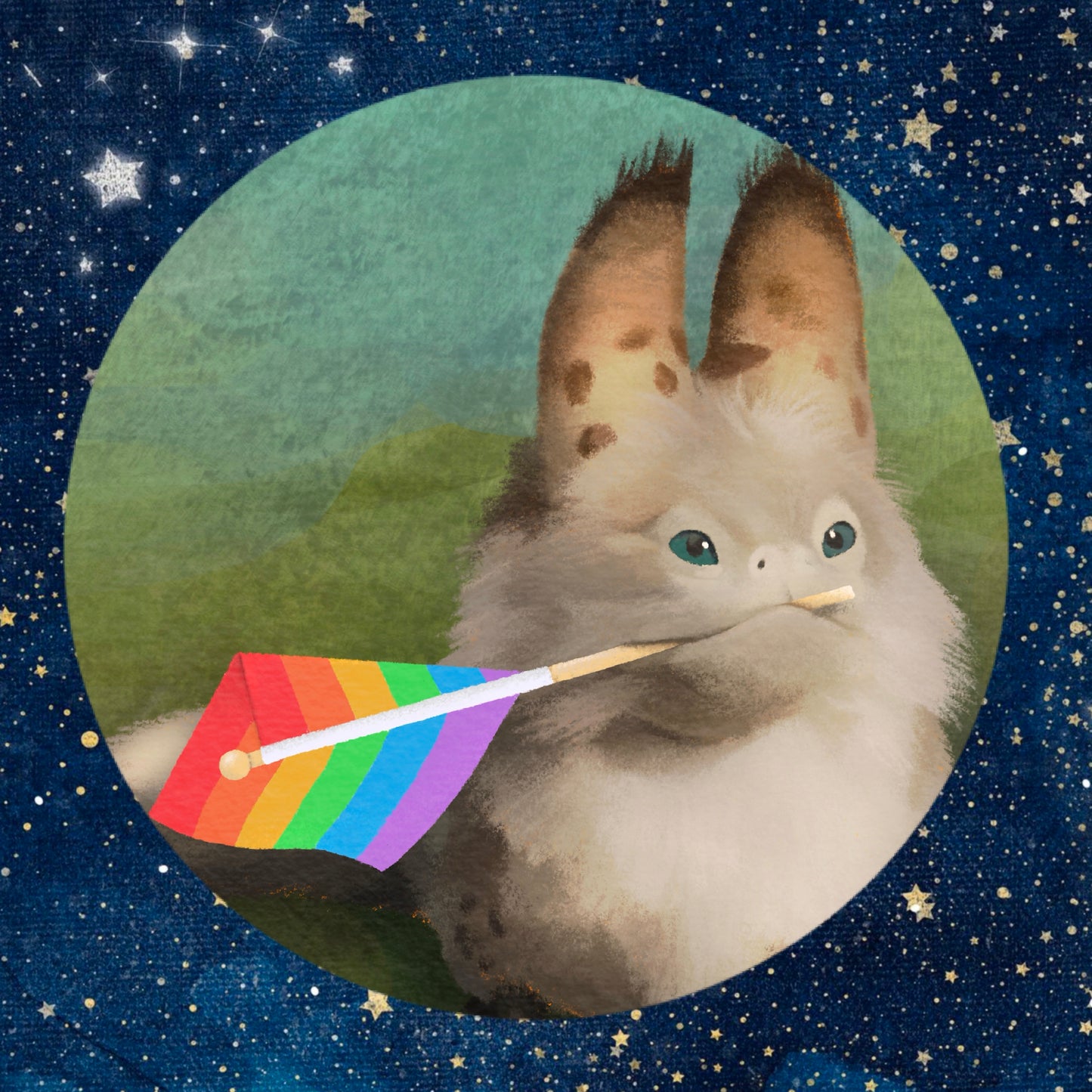 Circle sticker of a loth cat holding a rainbow pride flag in its mouth with a blue to green background.