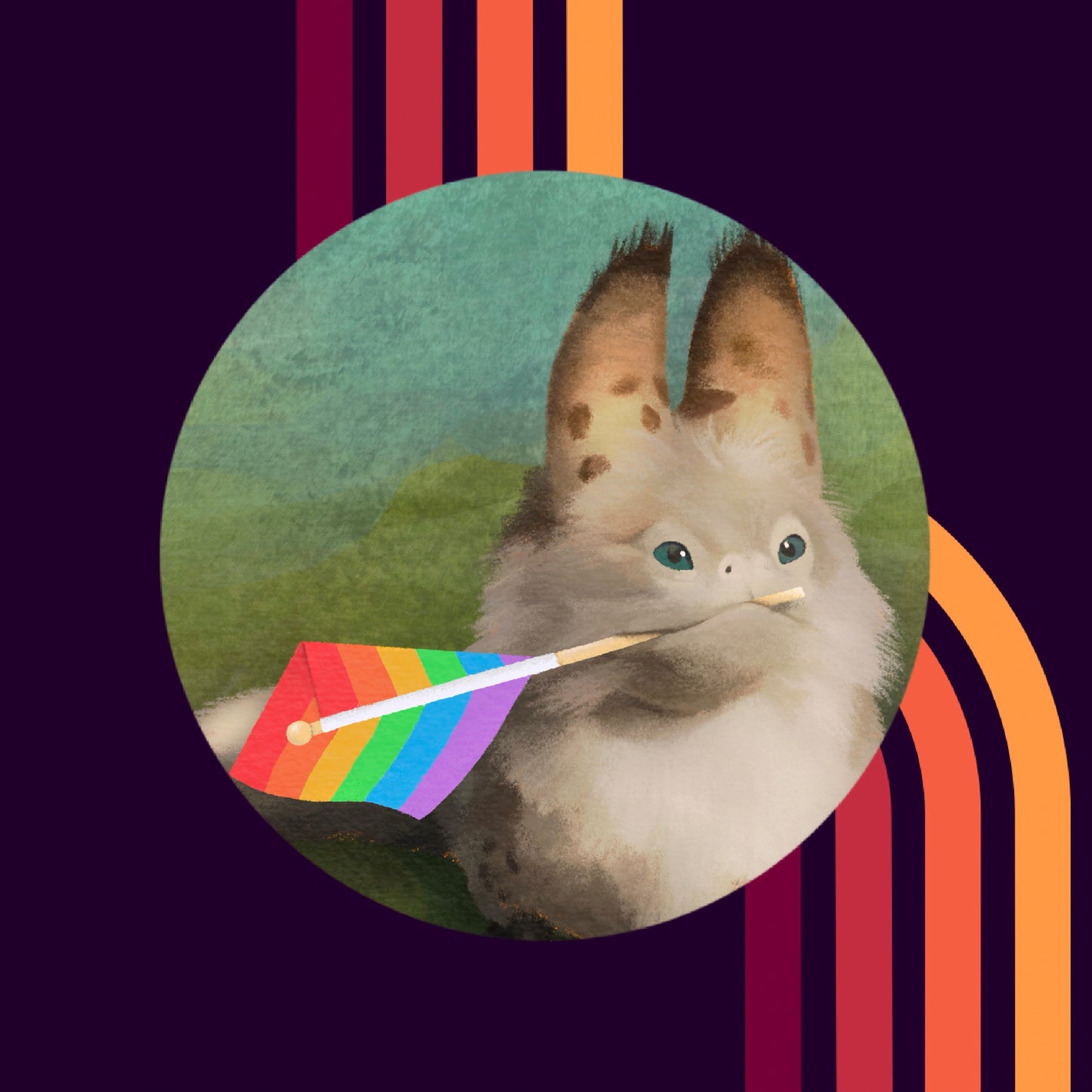 Circle sticker of a loth cat holding a rainbow pride flag in its mouth with a blue to green background.