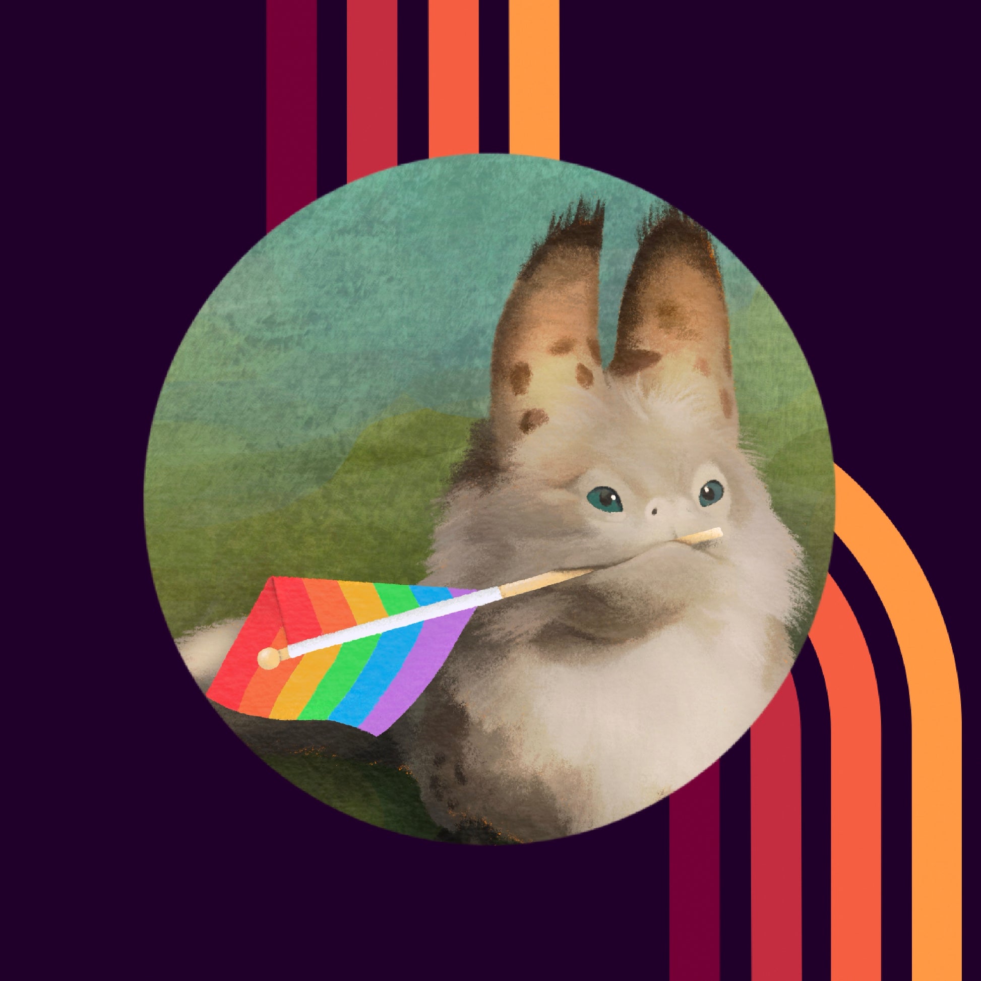 Circle sticker of a loth cat holding a rainbow pride flag in its mouth with a blue to green background.