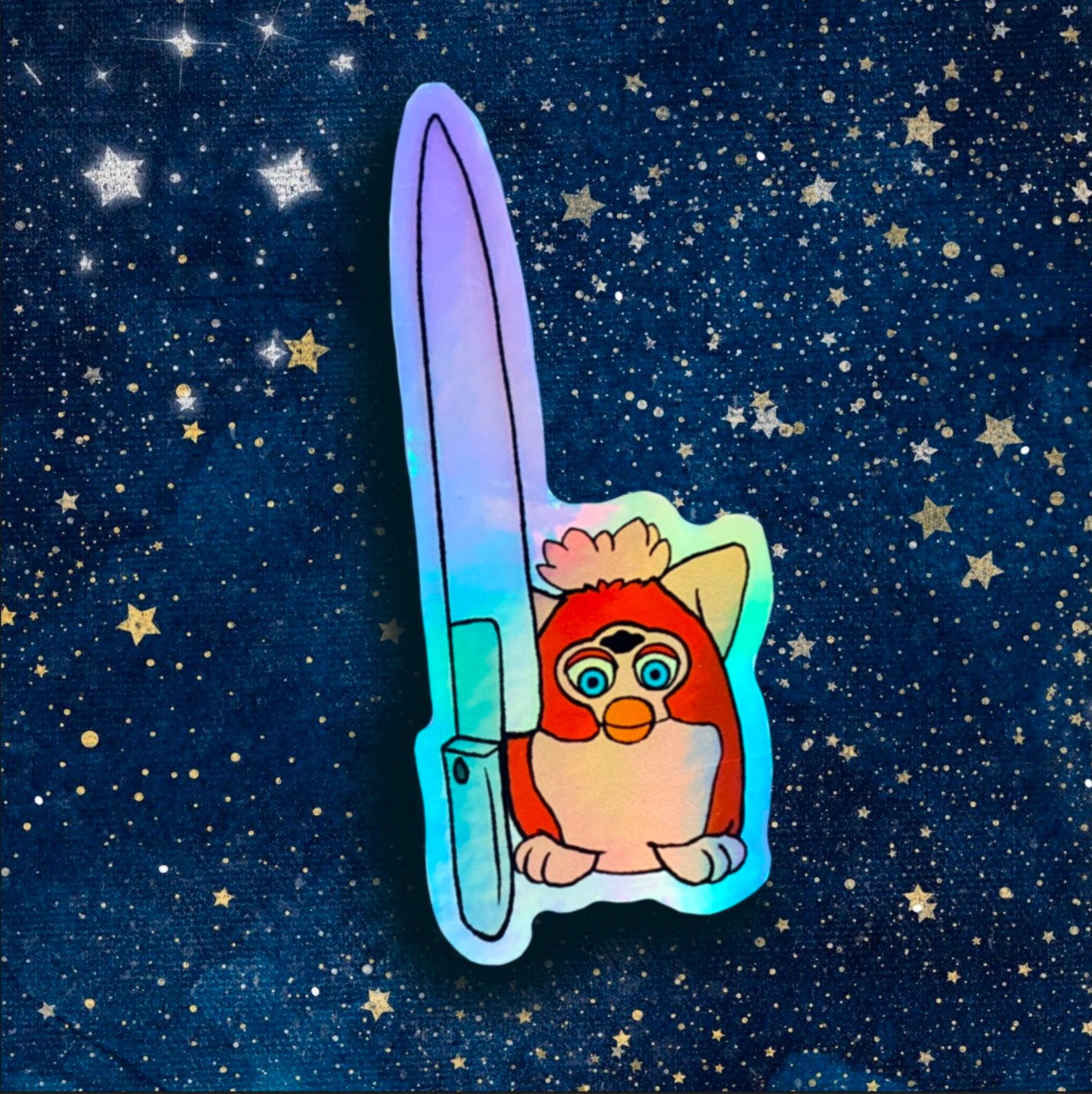 vinyl holographic sticker of a red toned furby with a large knife