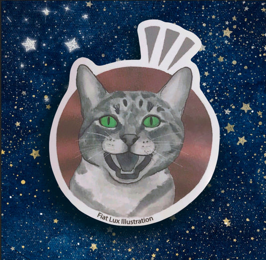 Excited Tabby Cat Bronze Vinyl Sticker - Fiat Lux Illustration
