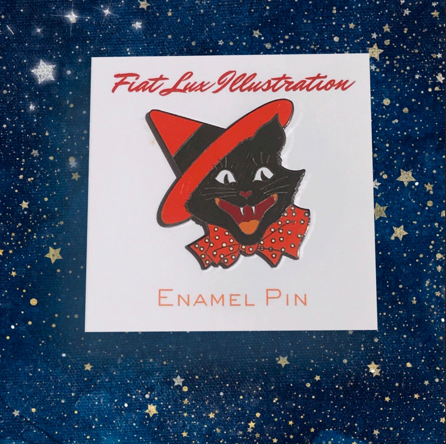 Vintage Halloween Black Cat Enamel Pin - Fiat Lux Illustration