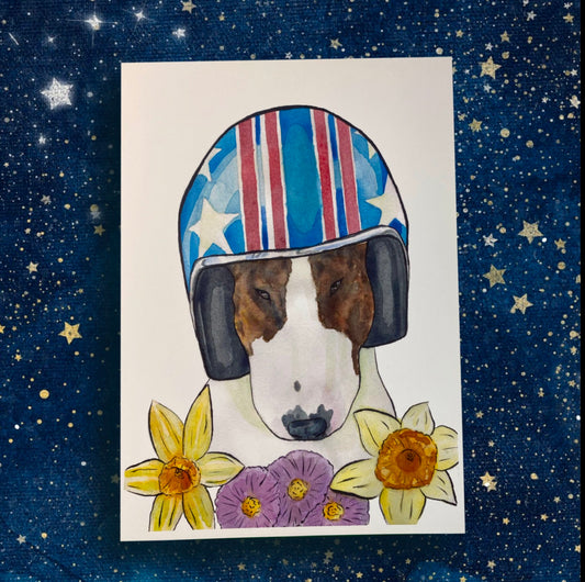 Bull Terrier Biker Helmet Daredevil Floral Pet Portrait | Watercolor Print - Fiat Lux Illustration