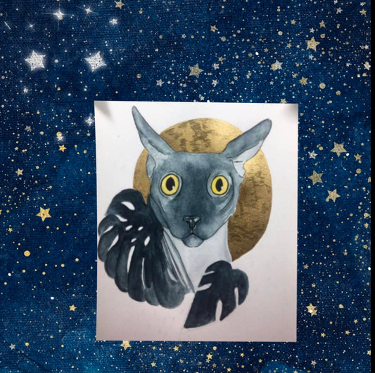 Sphinx Hairless Cat Gold Halo Black Monstera Leaves Pet Portrait - Watercolor Print - Fiat Lux Illustration