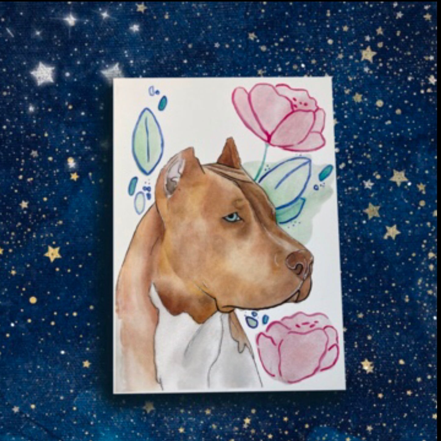 American Brown Bully Pit Bull Pink Floral Pet Portrait | Watercolor Print - Fiat Lux Illustration