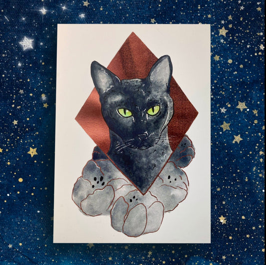 Black Cat Floral Bronze Pet Portrait | Watercolor Print - Fiat Lux Illustration