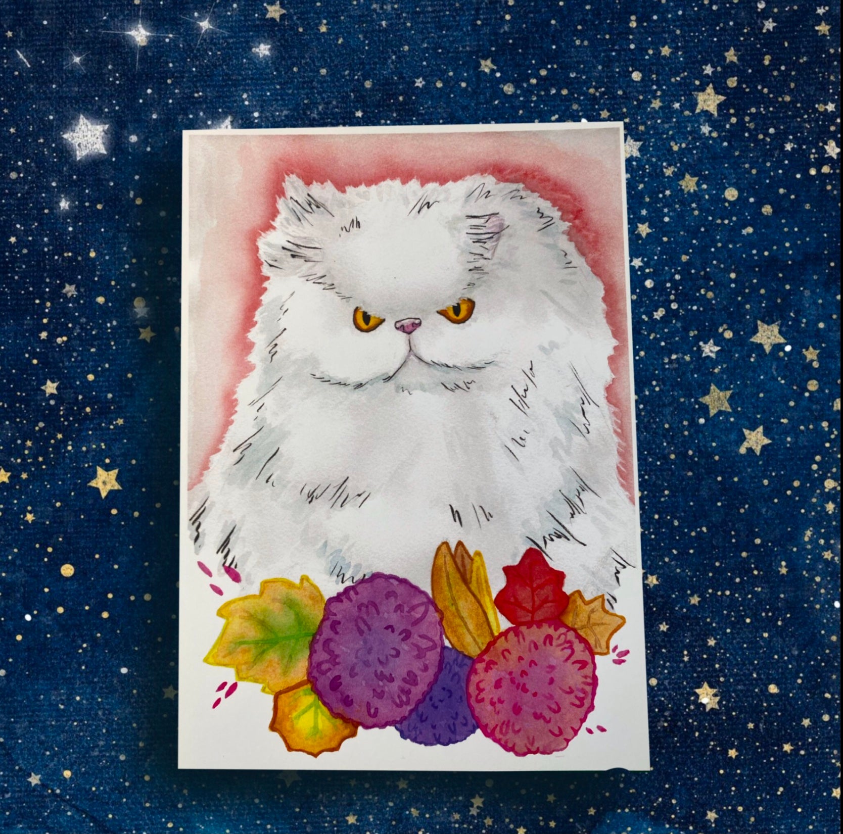 Persian Cat Floral Funny Angry Pet Portrait - Watercolor Print - Fiat Lux Illustration