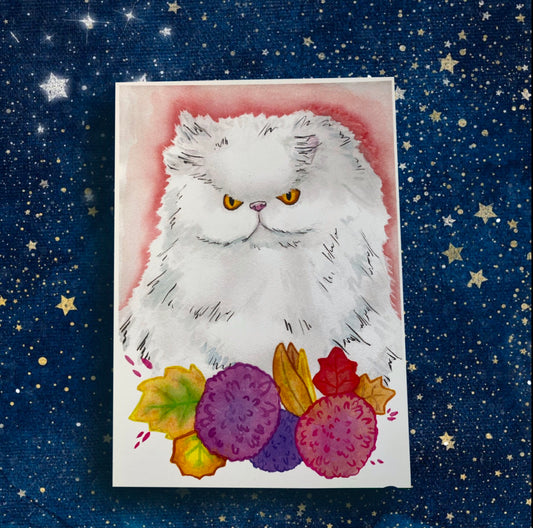 Persian Cat Floral Funny Angry Pet Portrait - Watercolor Print - Fiat Lux Illustration