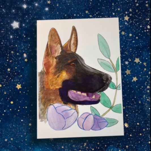German Shepard Floral Pet Portrait - Watercolor Print - Fiat Lux Illustration