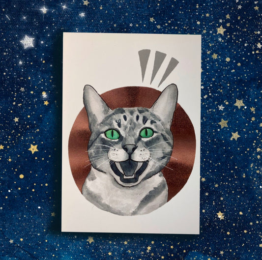Tabby Cat Excited Meow Yelling Bronze Circle Watercolor Art Print - Fiat Lux Illustration
