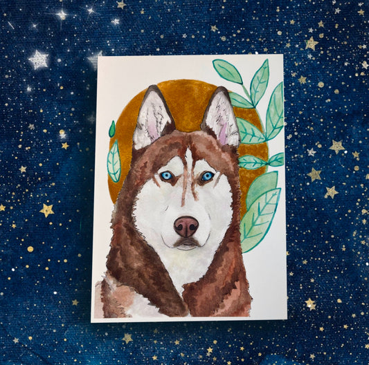 Red Husky Golden Halo Green Leaves Pet Portrait | Watercolor Print, Pet Art Commission, Pet Portrait From Photo, Husky Art, Pet Art Gift - Fiat Lux Illustration