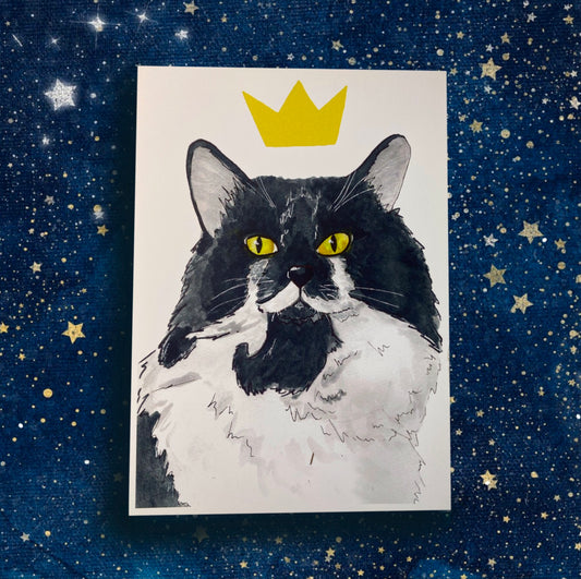 Tuxedo Cat with Yellow Crown Pet Portrait Watercolor Art Print - Fiat Lux Illustration