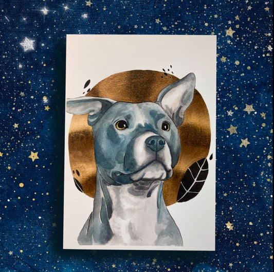 Gray Pitbull Golden Pet Portrait - Watercolor Print - Fiat Lux Illustration