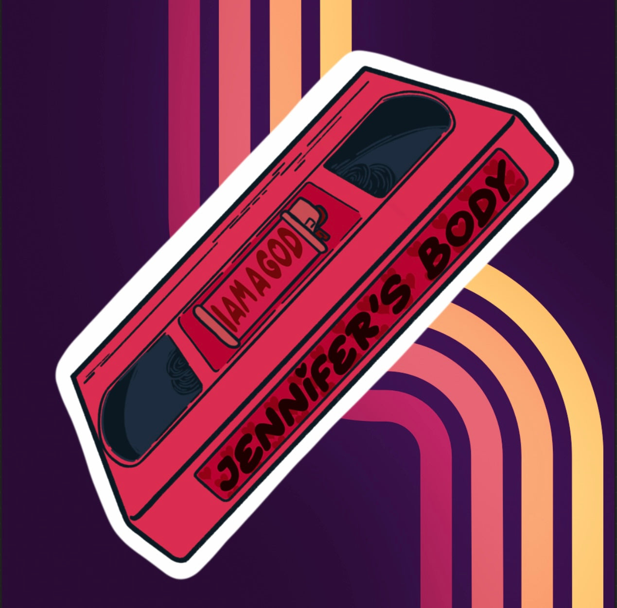 sticker of a pink VHS tape of Jennifer's Body in holographic vinyl