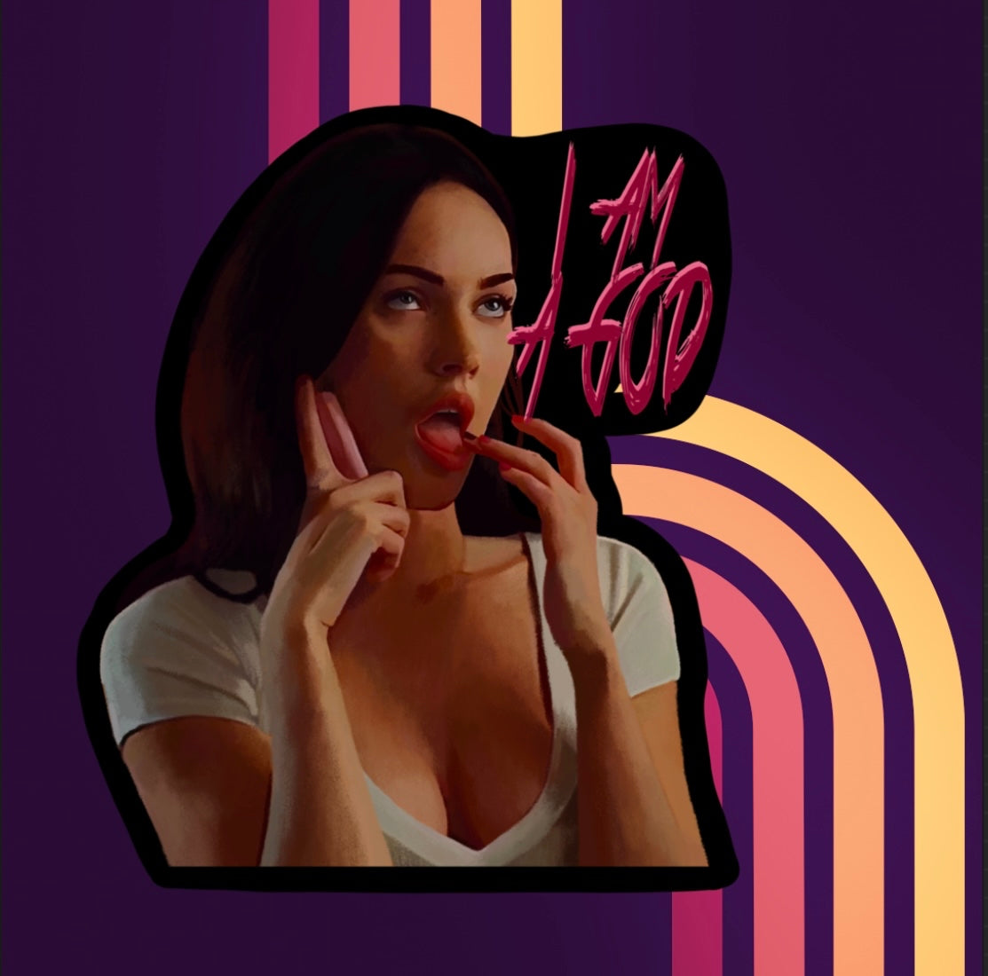 Vinyl sticker of Jennifer Check from Jennifer's Body with the quote I am a god