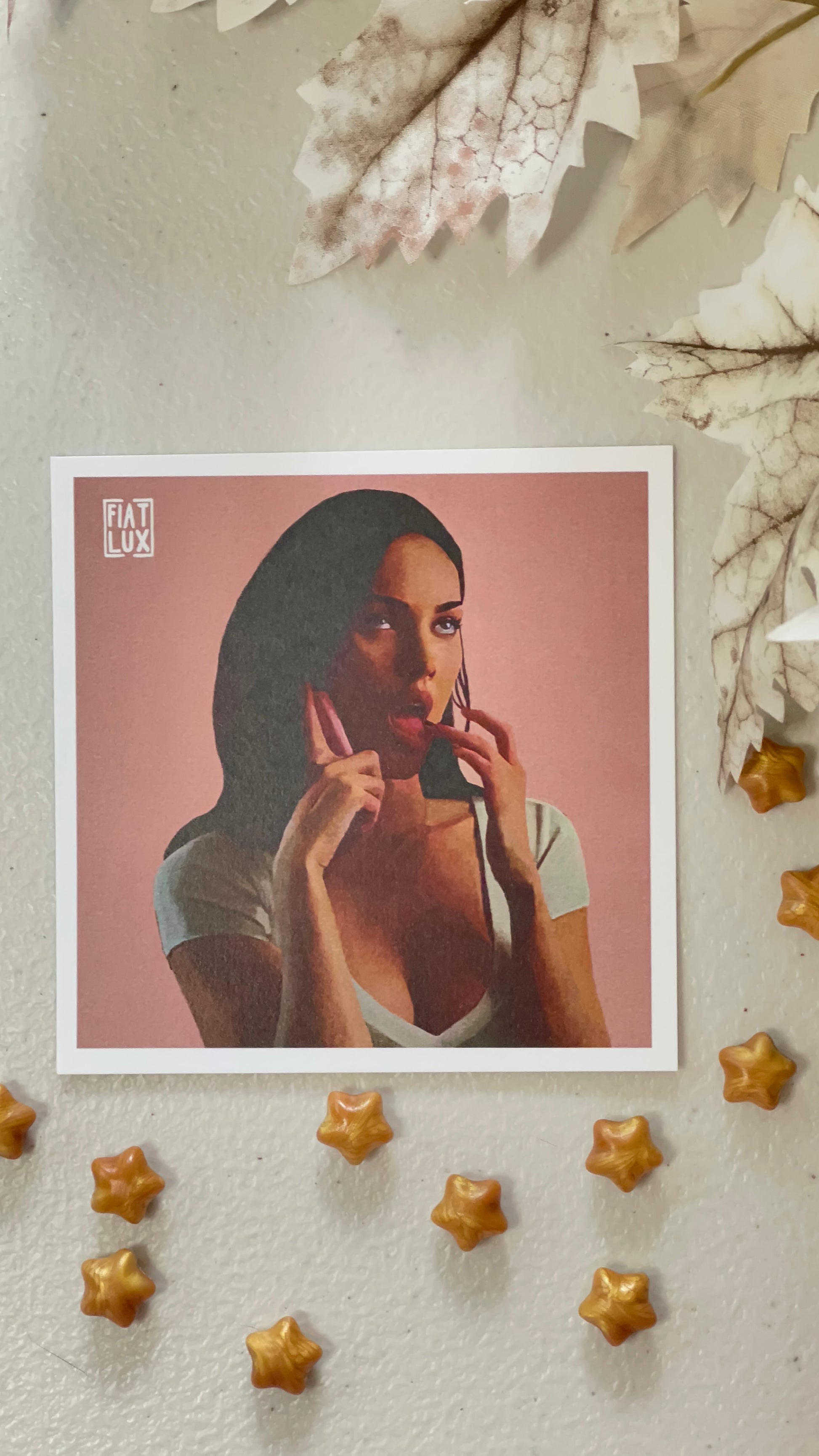 Art print of Jennifer Check from Jennifer's Body on a solid soft pink background.