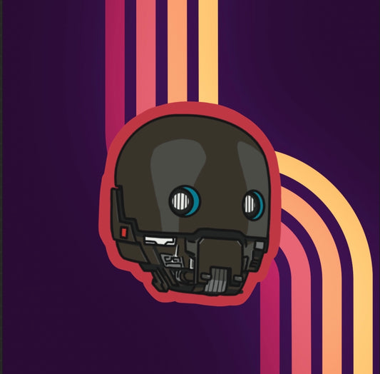 Vinyl sticker of star wars droid k2s0 with red edges.