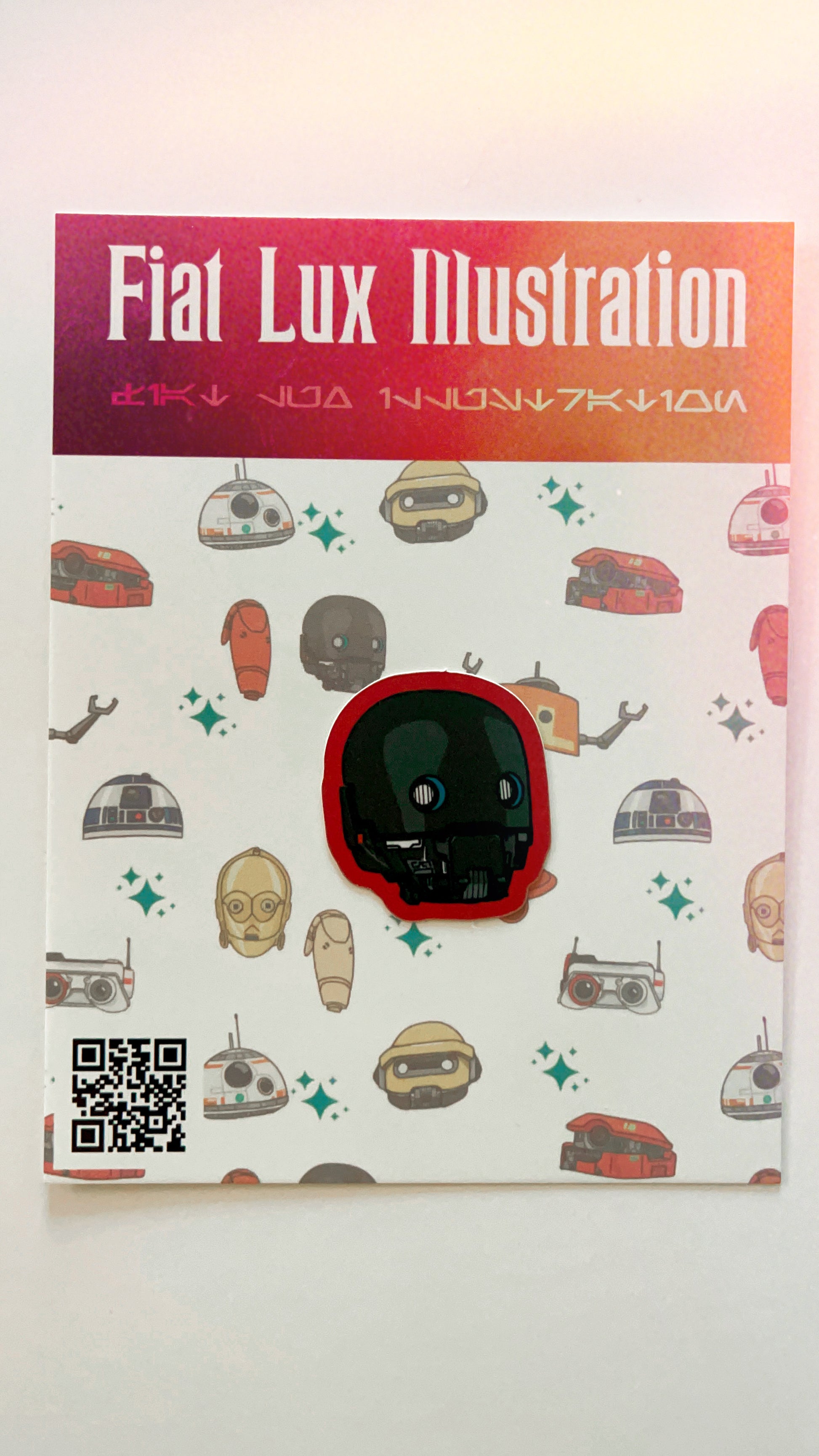 Vinyl sticker of star wars droid k2s0 with red edges.