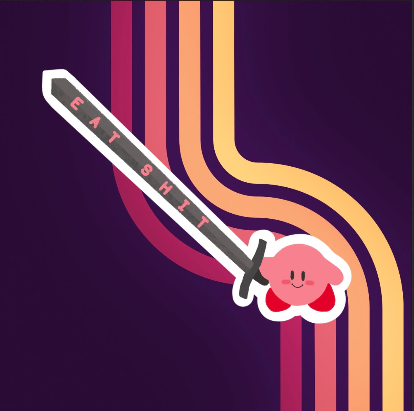 vinyl sticker of kirby holding a sword that reads eat shit in pink text down the blade