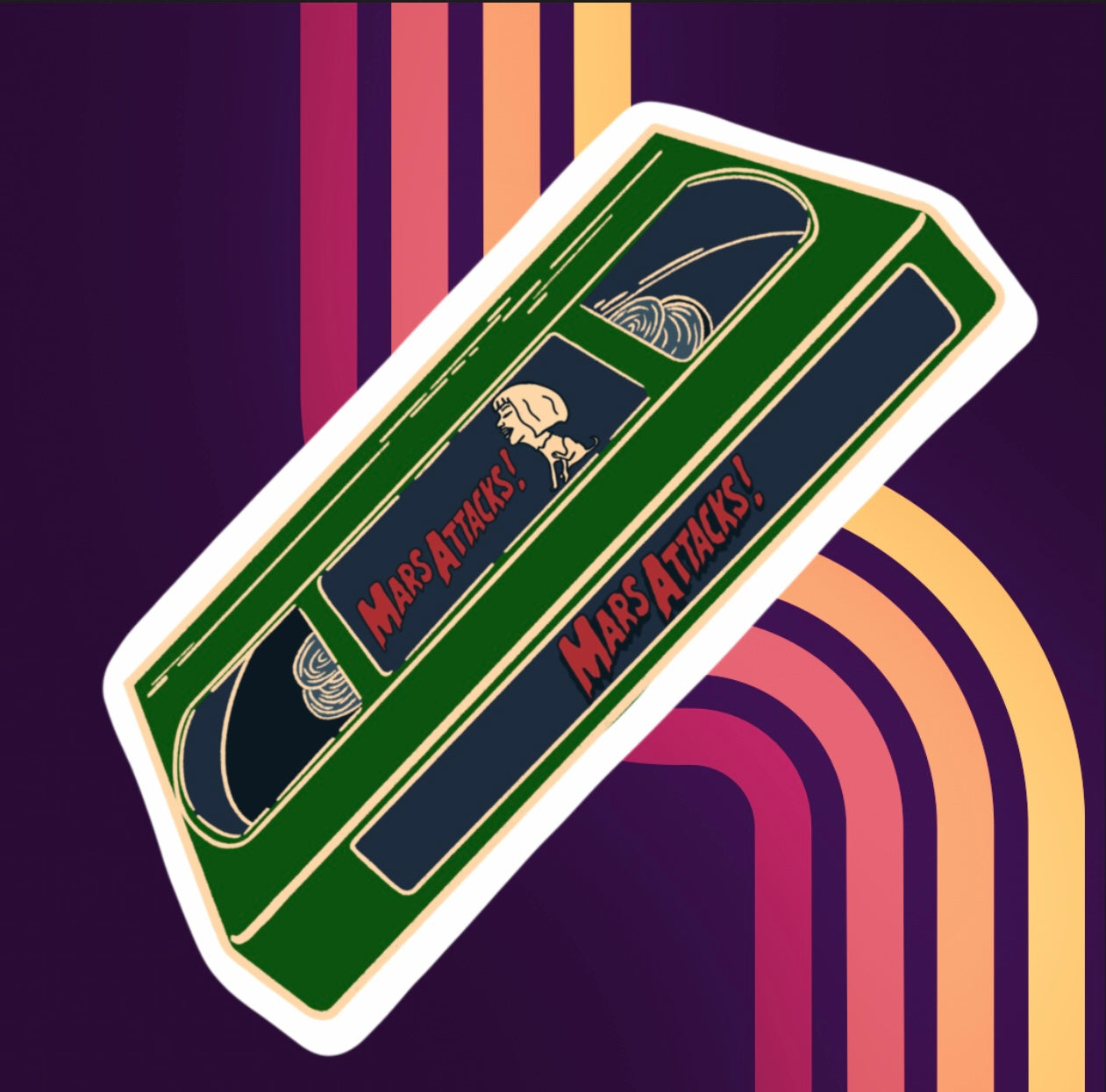 sticker of a green VHS tape of mars attacks! in holographic vinyl