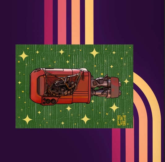 Art Print of Rey’s Jakku rust color Speeder with a solid green background with gold stars and a paper texture overlay