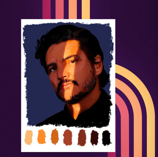 Art print of a Digital Sketchbook page with color palette swatches featuring Pedro Pascal with a beam of light across his face