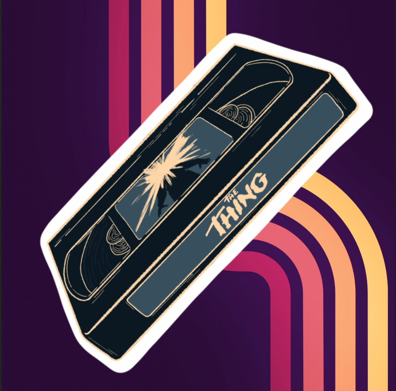 sticker of a blue VHS tape of the thing in holographic vinyl