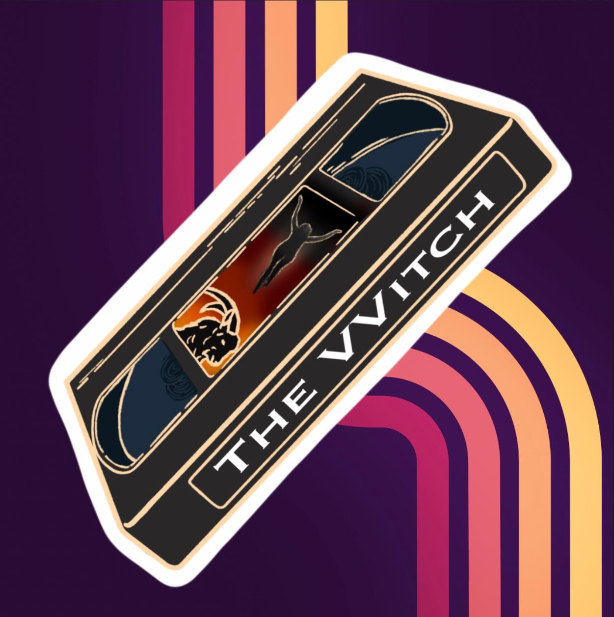 sticker of a grey VHS tape of the vvitch in holographic vinyl