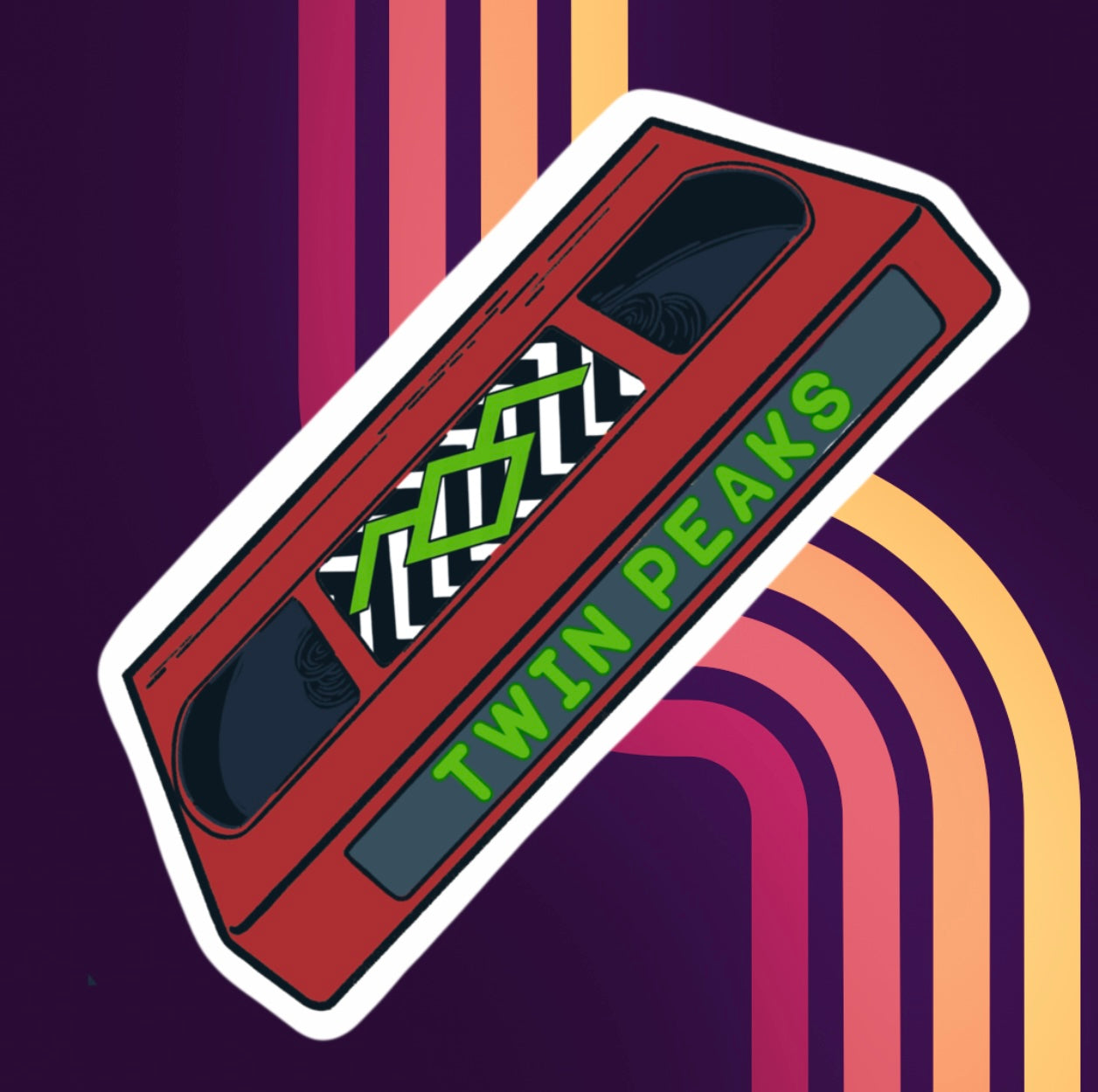 sticker of a red VHS tape of twin peaks in holographic vinyl