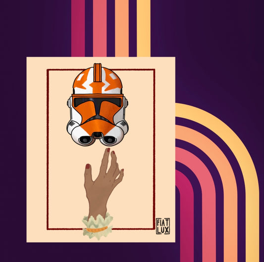 Art print based on Victorian calling card hands 332nd Ahsoka Tano's clone trooper helmet beige background red square border