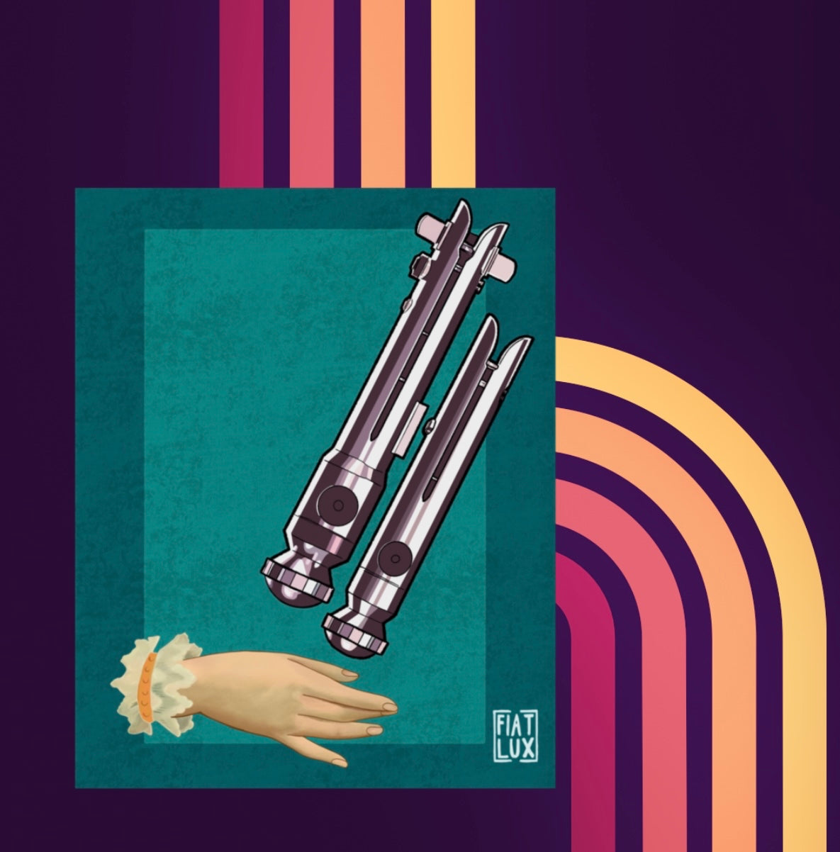 Art print based on Victorian calling card hands Ahsoka’s Lightsaber dual toned blue background